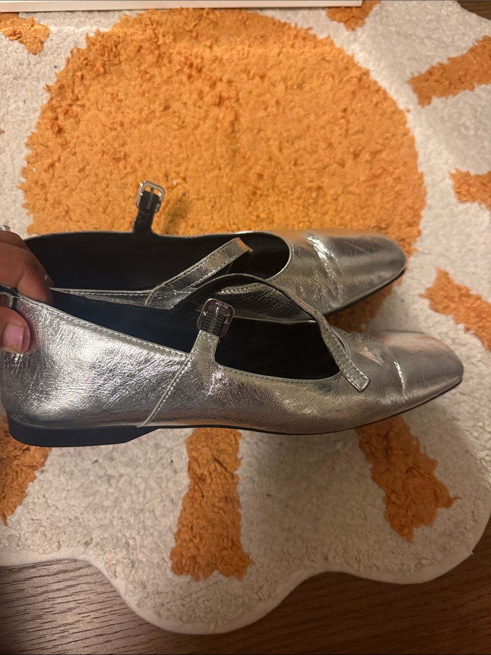Vagabond Silver Mary Jane Flats with Buckle Strap
